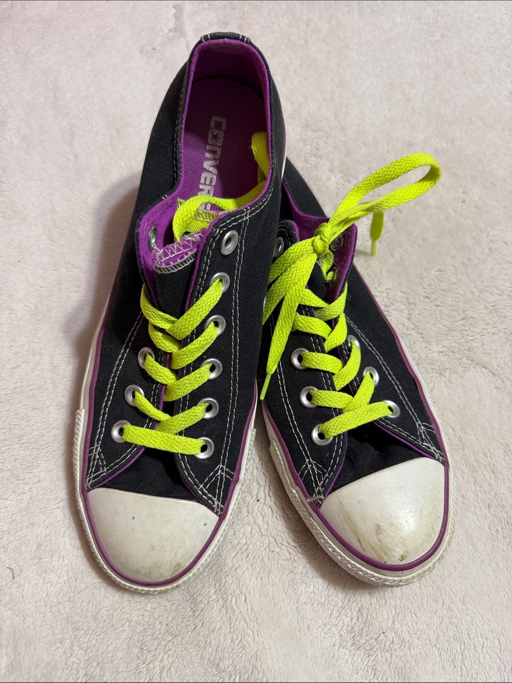 Converse Black Canvas Low-Top Sneakers with Purple Trim and Neon Yellow Laces